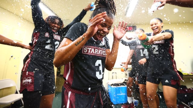 Lauren Park-Lane celebrating win over Colorado State